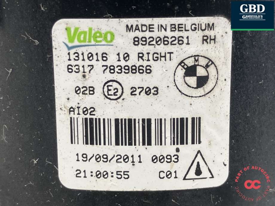 Tåkelykt høyre foran til BMW 5-Serie 2010-2017 (F10/F11) (F10/F11) (VALEO|63 17 7 839 866|89206261|6317 7839866)