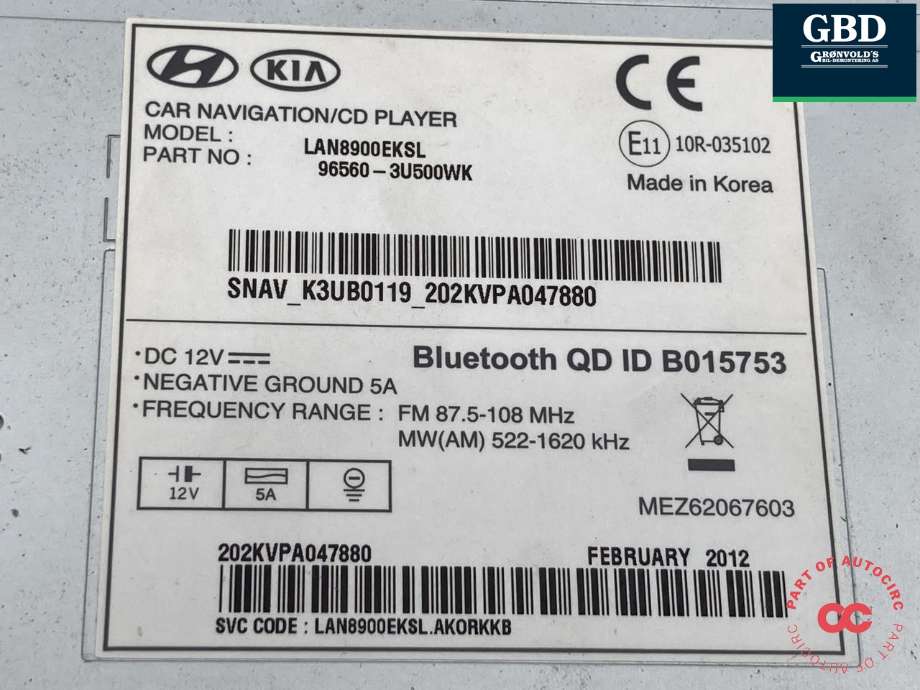 Bilstereo navigasjon til Kia Sportage 2010-2016 (Type III) (96560 3U500WK|)