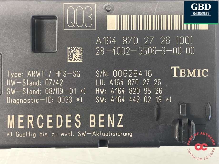 Styreenhet elektrisk bakluke til Mercedes GL 2006-2012 (X164) (X164) (A 164 870 27 26|A 164 870 27 26 80|)