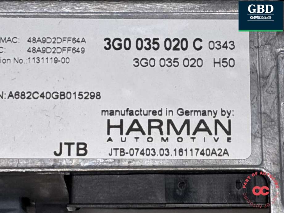 Bilstereo CD-veksler til VW e-Golf 2014-2017 (Fase 1)  (HARMAN|3G0 035 020 C|3G0 035 020 CX|)