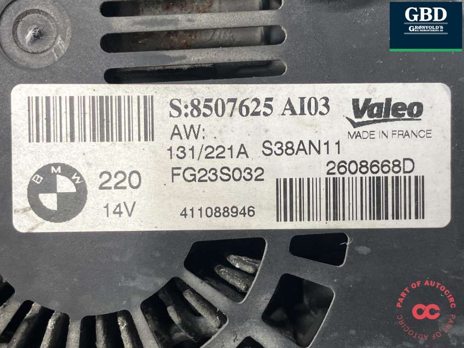 Dynamo diesel til BMW 5-Serie 2010-2017 (F10/F11) (F10/F11) (VALEO|12 31 8 507 625|FG23S032|2608668D)