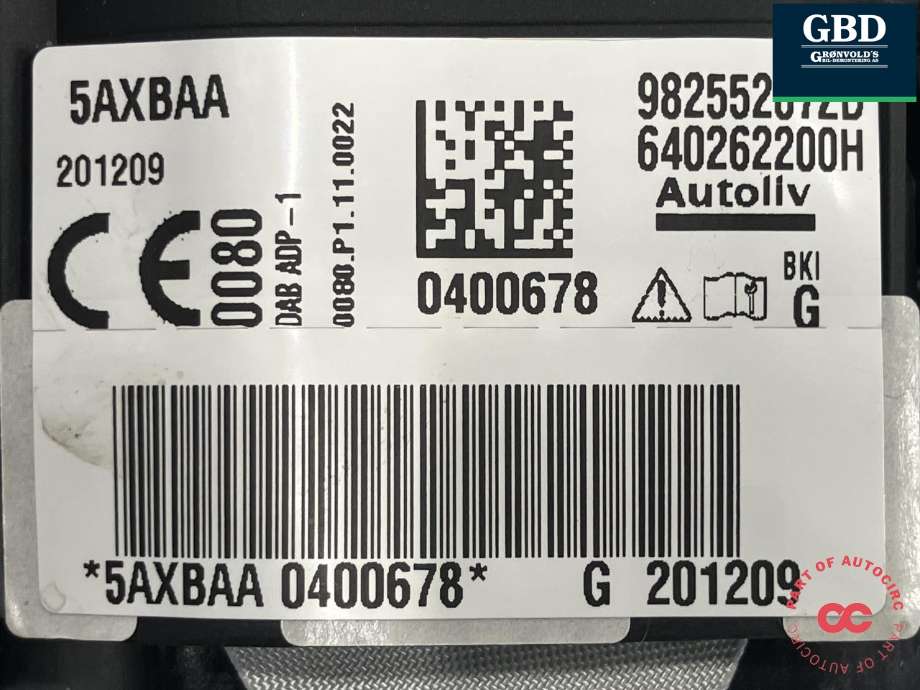 Airbag rattpute til Peugeot e-2008 2019-->>  (98 255 207 ZD|)