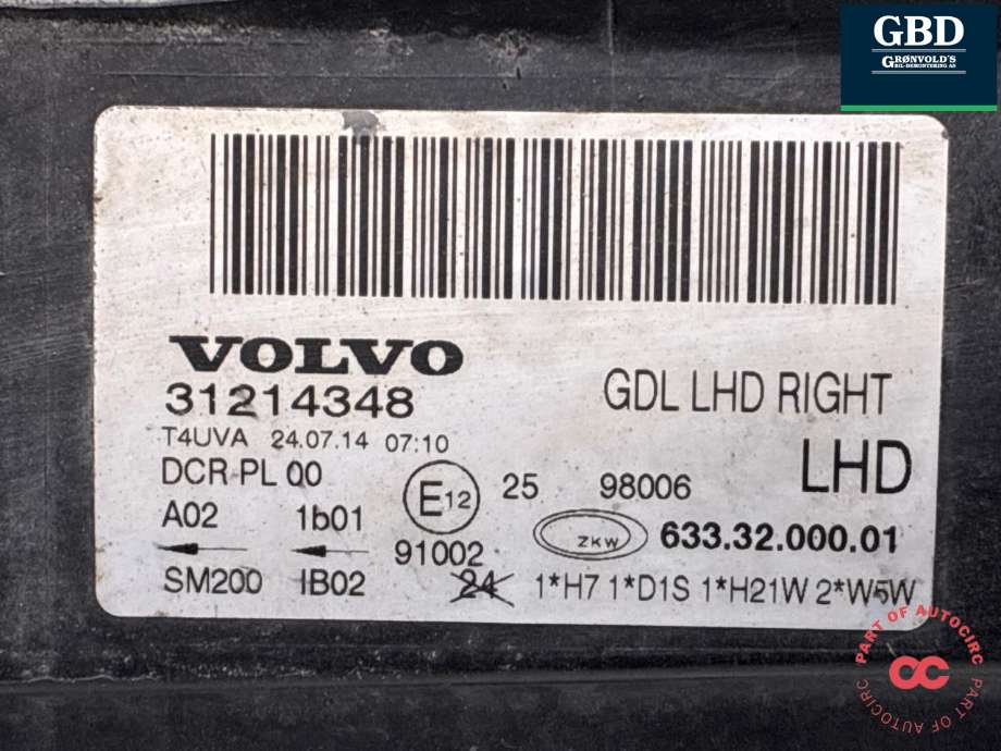 Frontlykt høyre xenon til Volvo V70 2007-2013 (Type III, Fase 1)  (31214416|31214348|633.32.000.01)