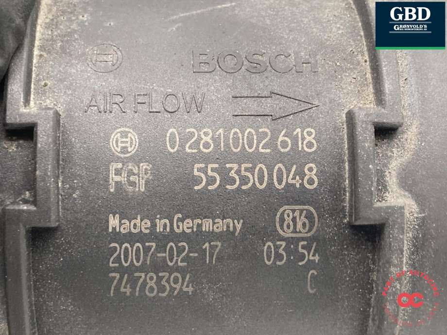 Luftmengde/luftmassemåler til Saab 9-3 2003-2007 (Type II, Fase 1)  (55350048|)