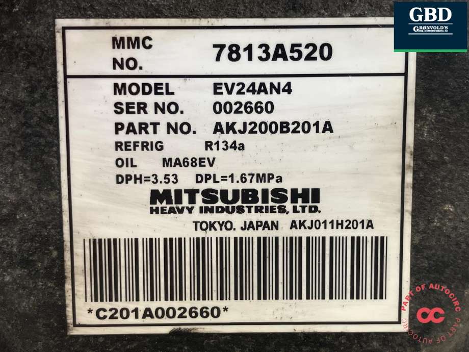 Aircondition kompressor elbil til Citroën C-Zero 2011-2020  (MITSUBISHI|16 093 344 80|AKJ200B201A|7813A520)