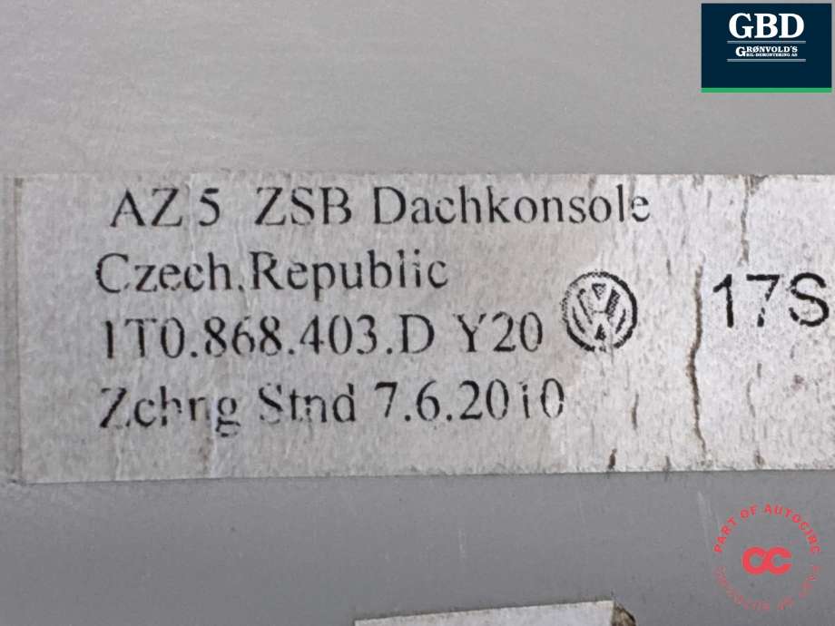 Tak konsoll til VW Touran 2010-2015 (Type I, Fase 3) (1K0 947 105 R WRC|1K0 947 105 T WRC|)