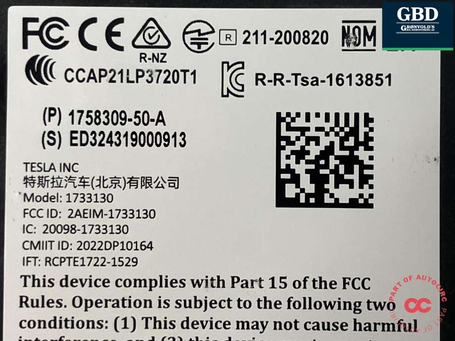 Styreenhet bluetooth til Tesla Model 3 2024-->> (Fase 2) (1758309-50-A|1758309-50-B|)