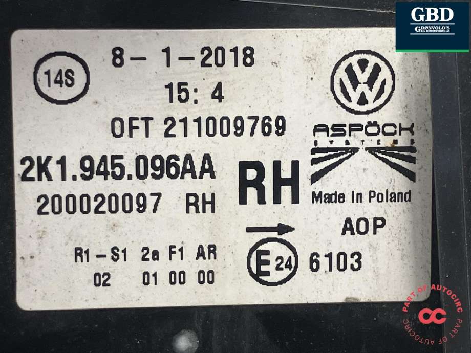 Baklykt høyre til VW Caddy 2015-2020 (Type III, Fase 3) (ASPOCK|2K1 945 096 AA|200020009|)