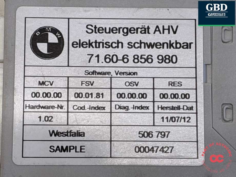 Styreenhet hengerfeste til BMW 5-Serie 2010-2017 (F10/F11) (F10/F11) (71 60 6 856 747|)