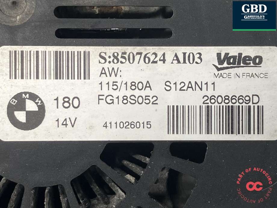Dynamo diesel til BMW 3-Serie 2005-2011 (E90/E91/E92/E93) (E90/E91/E92/E93) (VALEO|12 31 8 507 624|FG18S052|2608669D)