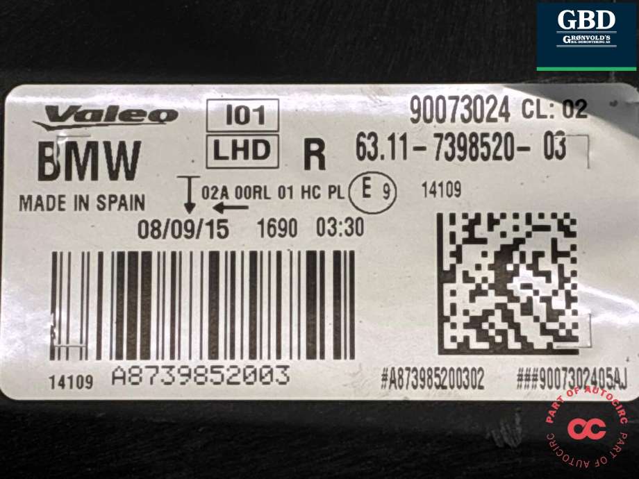 Frontlykt høyre full-LED til BMW i3 2013-2022  (63 11 7 381 900|6311 7398520-03|)