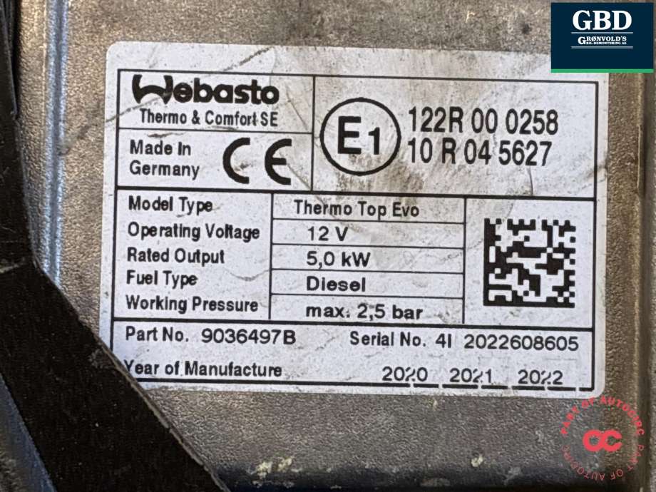 Dieselvarmer til Volvo V90 / V90 CC / S90 2016-->>  (32207779|31694778|)