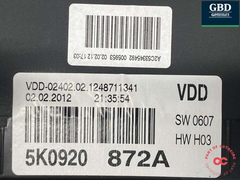 Instrumentpanel til VW Golf VI 2008-2012 (5K0 920 872 A|5K0 920 872 AX|)