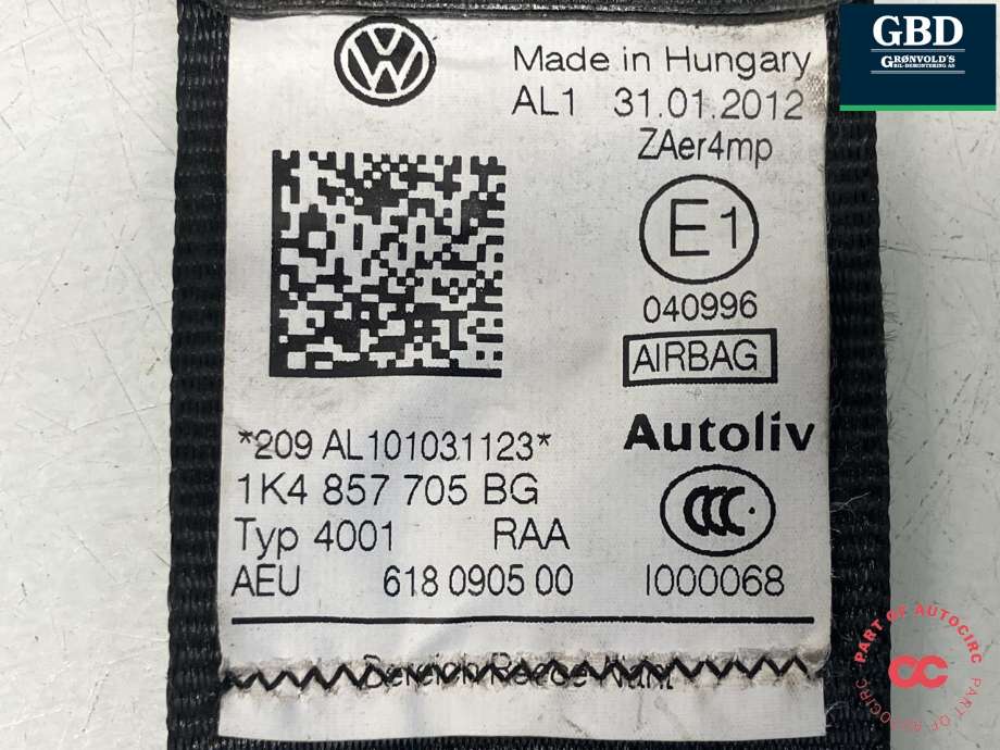 Sikkerhetsbelte foran venstre til VW Golf VI 2008-2012  (1K4 857 705 BJ|1K4 857 705 BJ RAA|)