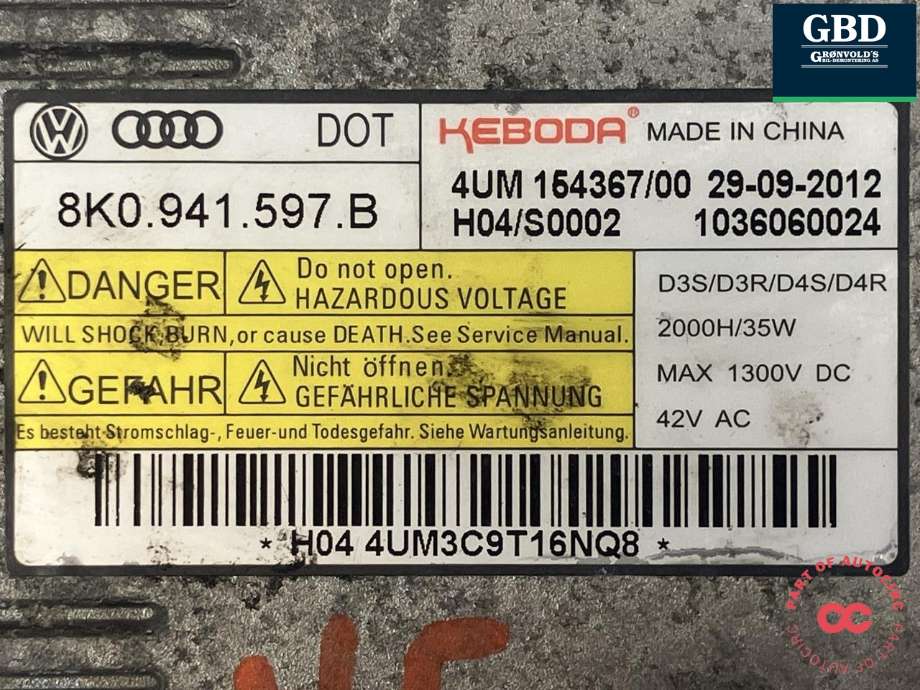 Styreenhet xenon/ballast til Audi Q5 2012-2017 (Type I, Fase 2)  (KEBODA|8K0 941 597 B|4UM 154367/00|)