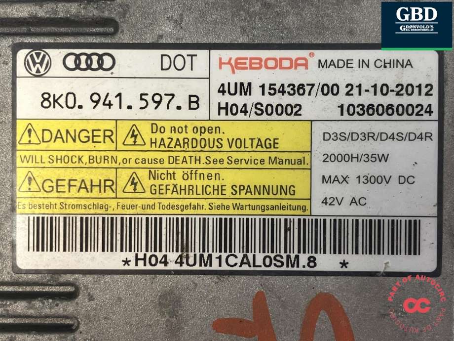 Styreenhet xenon/ballast til Audi Q5 2012-2017 (Type I, Fase 2) (KEBODA|8K0 941 597 B|4UM 154367/00|)