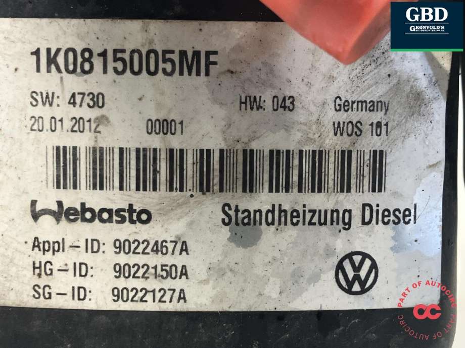 Dieselvarmer til VW Golf VI 2008-2012 (WEBASTO|1K0 815 007 CJ|1K0 815 005 MF|)