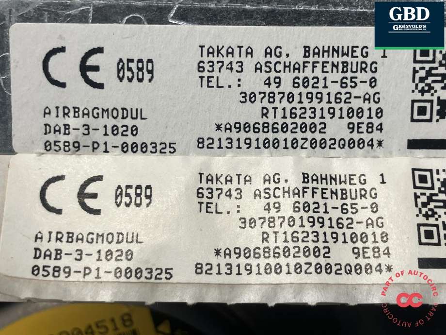 Airbag rattpute til Mercedes Sprinter 2013-2018 (Fase 2) (906) (906) (TAKATA|A 906 860 15 00 26  9E84|A 906 860 20 02  9E84|0589-P1-000198| 0589-P1-000325)