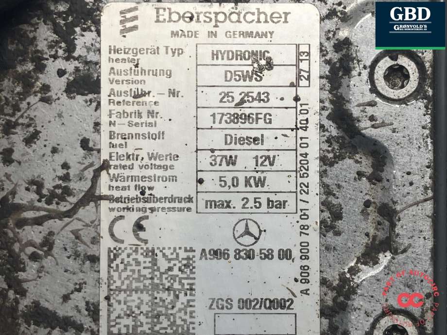 Dieselvarmer til Mercedes Sprinter 2013-2018 (Fase 2) (906) (906) (EBERSPACHER|A 906 830 23 61|A 906 830 58 00|25 2543)