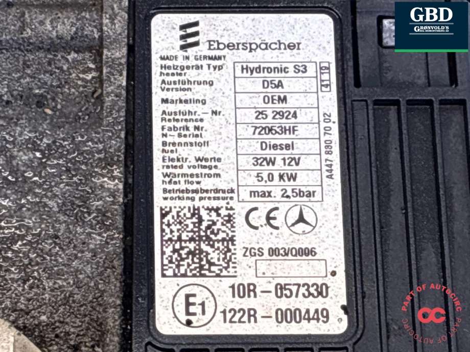 Dieselvarmer til Mercedes Vito 2014-->> (W447) (W447) (A 253 500 54 00|A 447 880 70 02|)