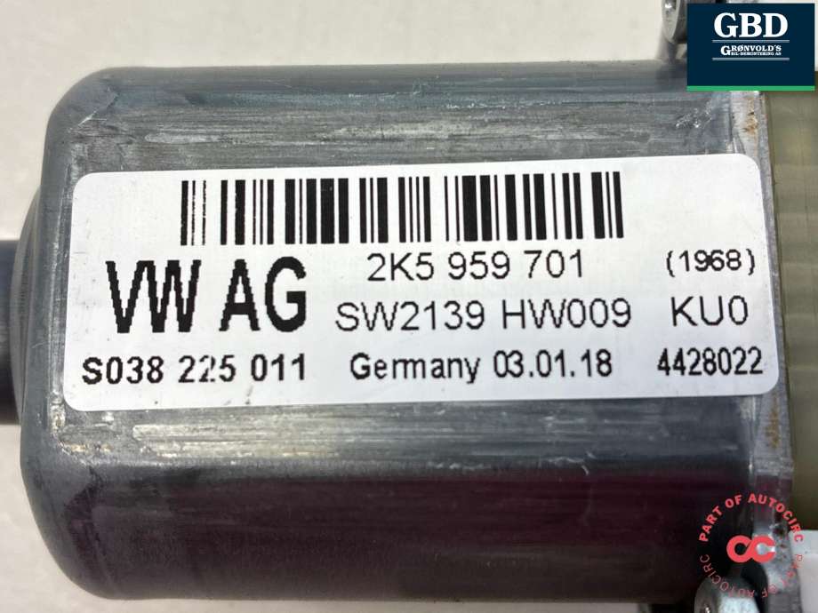 Ruteheis, kun motor, venstre foran til VW Caddy 2015-2020 (Type III, Fase 3) (2K5 959 701 A|2K5 959 701 A Z05|S 038 225 011)