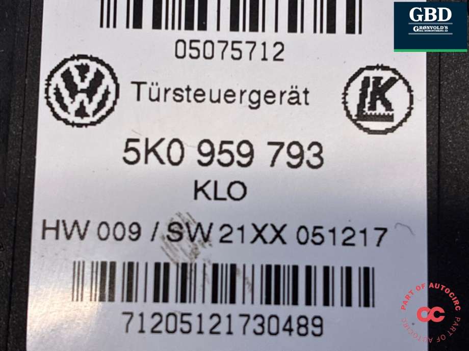 Styreenhet dør venstre foran til VW Caddy 2015-2020 (Type III, Fase 3)  (5K0 959 793 KLO|5K0 959 793|)