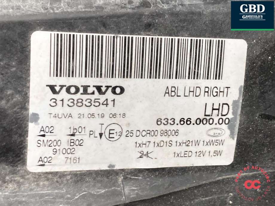 Frontlykt høyre xenon til Volvo V70 2007-2013 (Type III, Fase 1)  (31395155|)