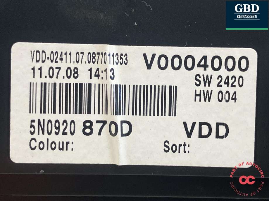 Instrumentpanel til VW Tiguan 2007-2011 (Type I, Fase 1)  (5N0 920 870 D  Z02|5N0 920 870 DX Z02|)