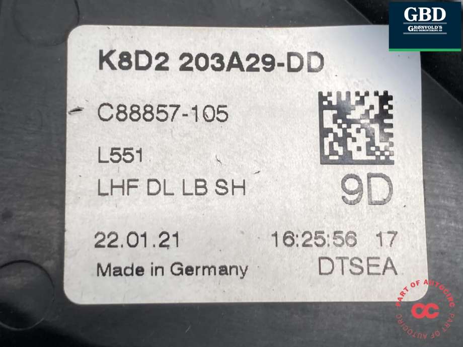 Låsekasse venstre foran til Land Rover Range Rover, Evoque 2019-->> (Type II) (LR070438|GX6A21813CB|K8D2 203A29-DD)