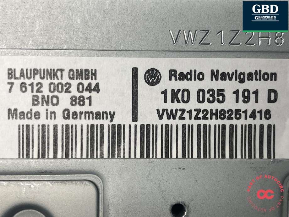 Bilstereo navigasjon til VW Tiguan 2007-2011 (Type I, Fase 1)  (BLAUPUNKT|1K0 035 191 DX|1K0 035 191 D|7 612 002 044)