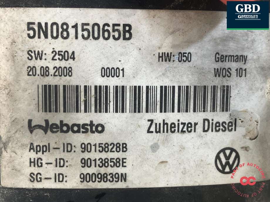 Dieselvarmer til VW Tiguan 2007-2011 (Type I, Fase 1)  (WEBASTO|1K0 815 071 AH|5N0 815 065 B|9015828B)