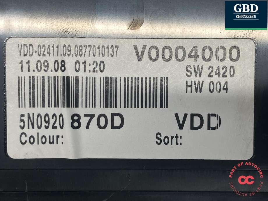 Instrumentpanel til VW Tiguan 2007-2011 (Type I, Fase 1) (5N0 920 870 D Z02|5N0 920 870 D|V0004000)