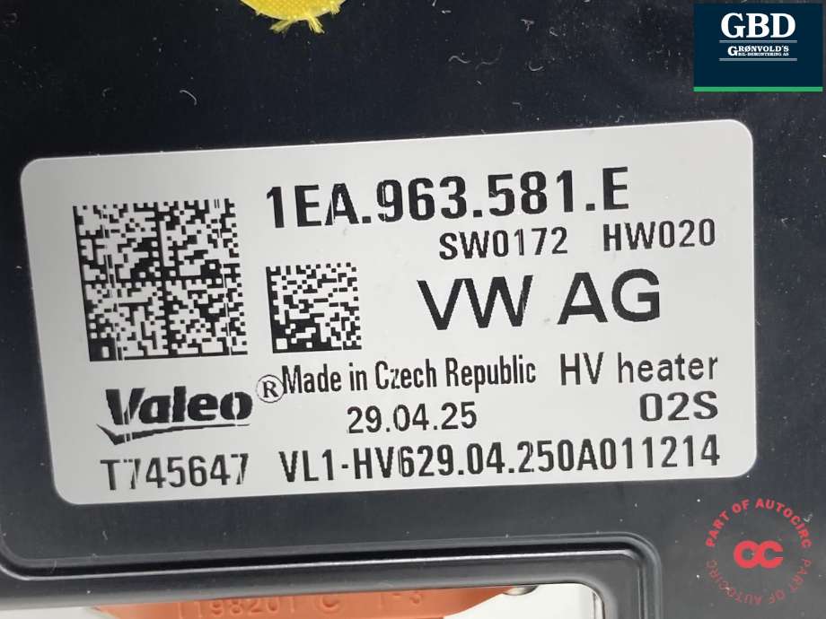 Varmeapparat PTC-heater til VW ID.7 2023-->>  (1EA 963 221 G|1EA 963 581 E|)