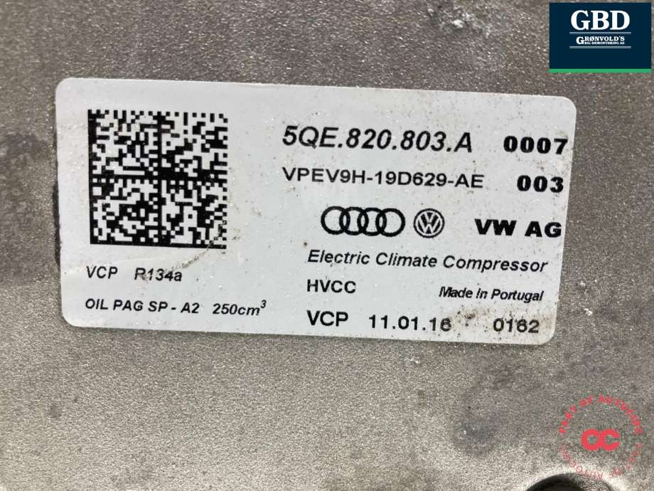 Aircondition kompressor elbil til VW e-Golf 2014-2017 (Fase 1)  (5QE 816 803 K|5QE 820 803 A|)