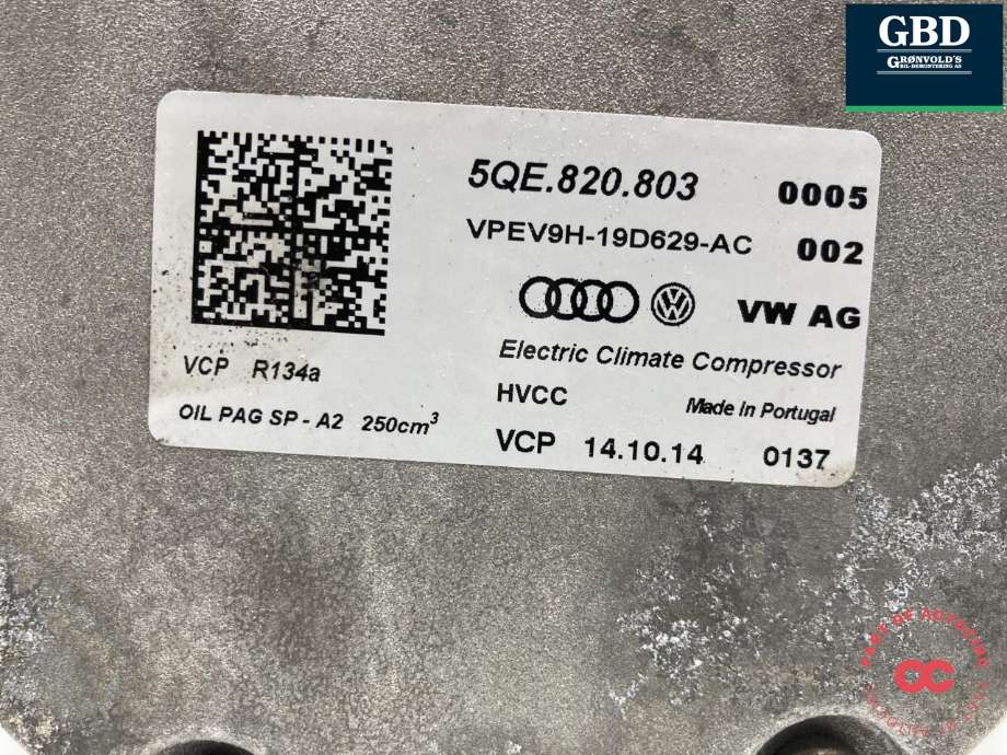Aircondition kompressor elbil til VW e-Golf 2014-2017 (Fase 1)  (5QE 816 803 K|5QE 820 803|)