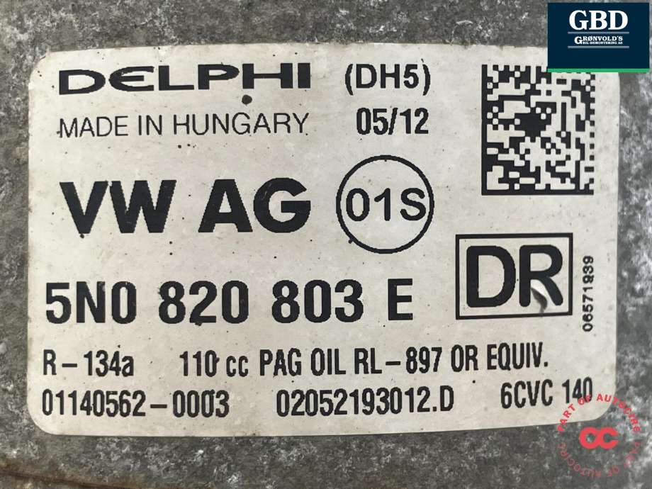Aircondition kompressor til VW Caddy 2010-2015 (Type III, Fase 2)  (DELPHI|1K0 820 808 F|5K0 820 803 E|01140562-0003)