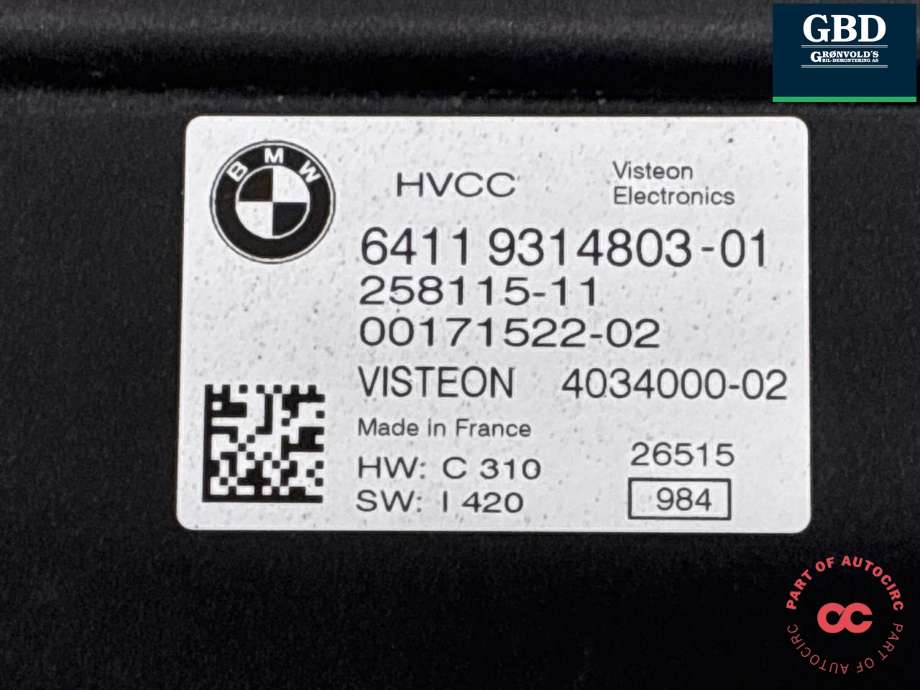 Styreenhet klima/aircondition til BMW i3 2013-2022  (64 11 9 314 803|)