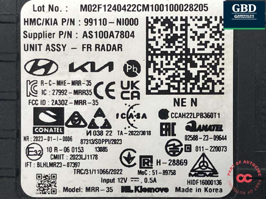 Sensor radar til Hyundai Ioniq 5 2021-->> (99110-NI000|AS100A7804|)
