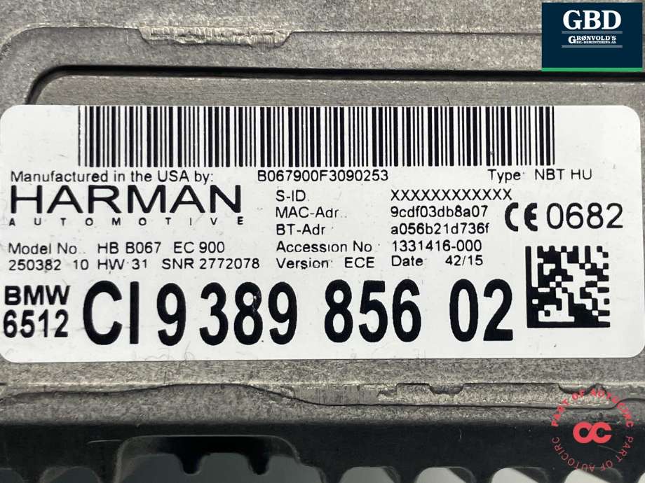 Bilstereo navigasjon til BMW X5 2013-2018 (F15) (F15) (HARMAN|65 12 6 826 790|65 12 6 819 950|65 12 9 389 856)