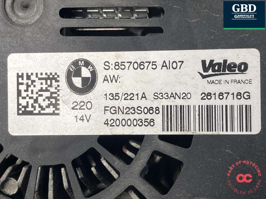 Dynamo diesel til BMW X5 2013-2018 (F15) (F15) (VALEO|12 31 8 570 676|12 31 8 570 675|FGN23S068)