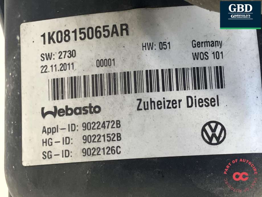 Dieselvarmer til VW Caddy 2010-2015 (Type III, Fase 2)  (WEBASTO|1K0 815 071 AN|1K0 815 065 AR|9022472B)