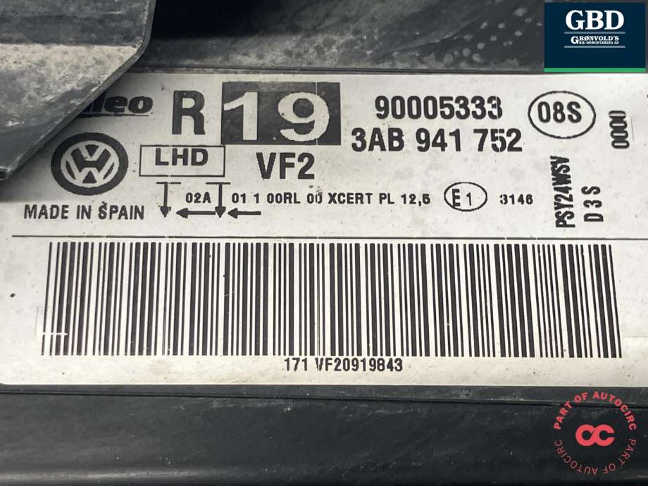 Frontlykt høyre xenon til VW Passat 2011-2015 (B7) (B7) (VALEO|3AB 941 754|3AB 941 752|90005333)