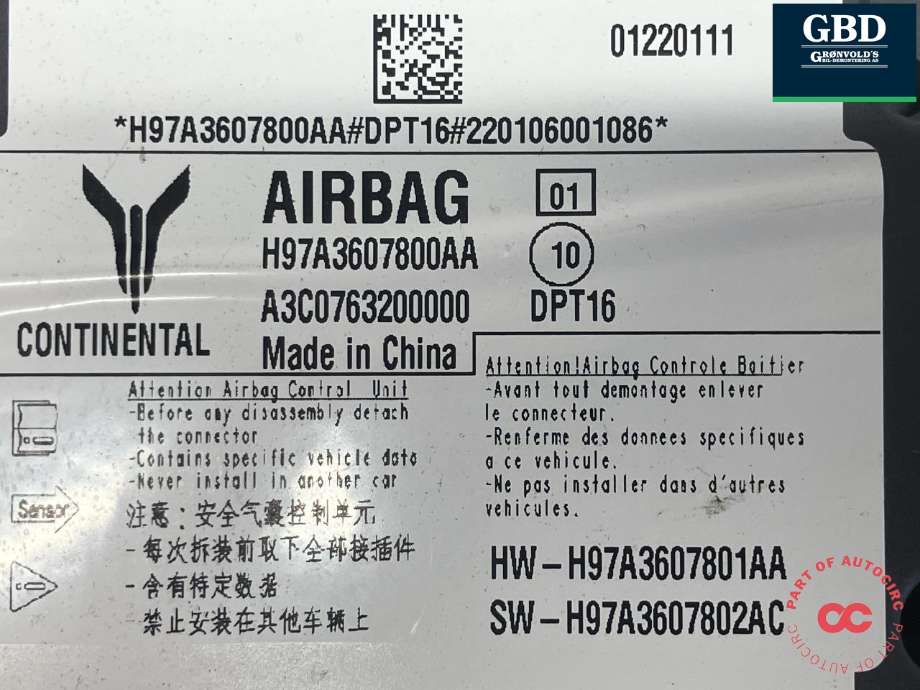 Styreenhet airbag hovedsensor til Voyah Free 2021-->> (CONTINENTAL||H97A3607800AA)
