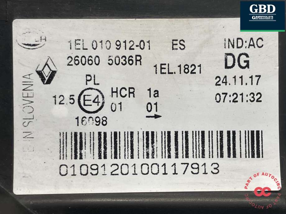 Frontlykt venstre halogen til Renault Zoe 2013-2019 (Fase 1)  (HELLA|260609522R|26060 5036R|1EL 010 912-01)