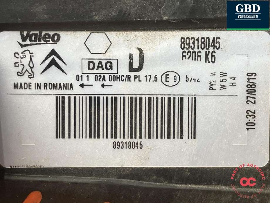 Frontlykt høyre halogen til Peugeot Partner 2015-2019 (Type II, Fase 2) (VALEO|6206 K6|89318045|)