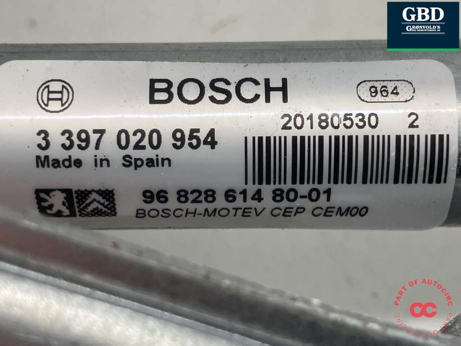 Viskermotor frontrute komplett m/overføring til Peugeot Partner 2015-2019 (Type II, Fase 2)  (BOSCH|6405 LK|96 828 614 80|0 390 241 621)