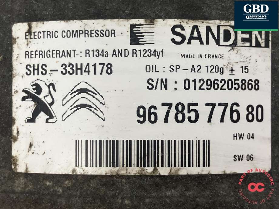 Aircondition kompressor elbil til Peugeot Partner 2015-2019 (Type II, Fase 2)  (SANDEN|96 785 776 80|SHS-33H4178|)