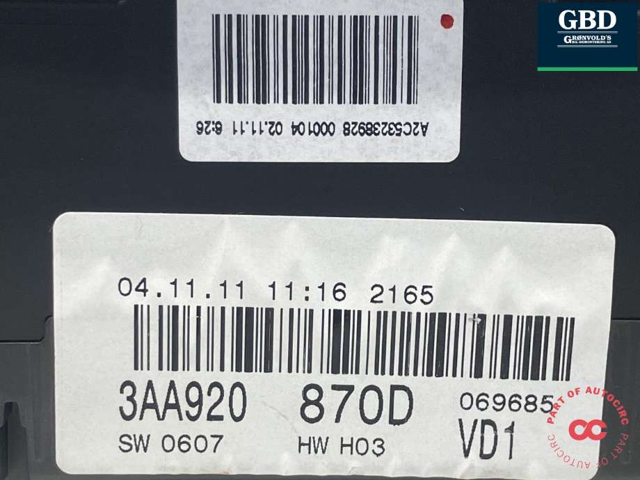 Instrumentpanel til VW Passat 2011-2015 (B7) (B7) (3AA 920 870 D|3AA 920 870 DX|069685)