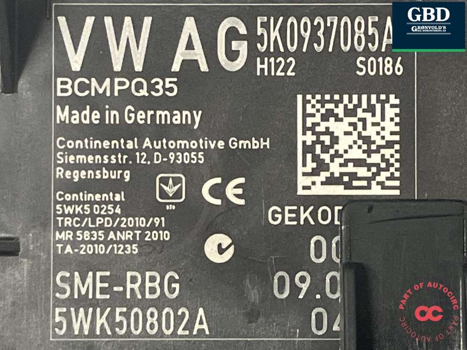 Styreenhet comfort (BCM) til VW Caddy 2015-2020 (Type III, Fase 3)  (CONTINENTAL|5K0 937 087 AK ZLP|5K0 937 085 AD|)