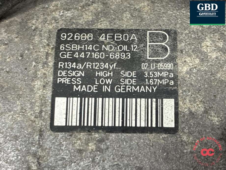 Aircondition kompressor til Nissan Qashqai 2014-2021 (Type II) (926004EB0A|)